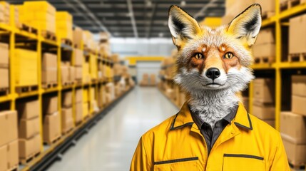 Poster - High-Tech Logistics Concept Featuring Anthropomorphic Fox in Warehouse Setting with Boxes