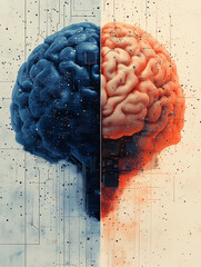 Poster - Mind's Dichotomy: A creative and conceptual representation of the human brain, split into two contrasting halves. One side, a cool blue, is interlaced with circuits, symbolizing logic and technology.