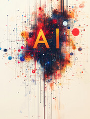 Poster - AI Revolution: An artistic representation of Artificial Intelligence(AI), featuring the bold letters “AI” at the center, surrounded by a dynamic fusion of colorful splatters, interconnected nodes.