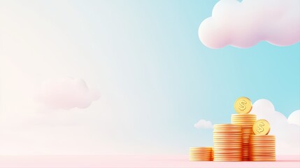 Poster - Minimalist Financial Concept with Stacks of Coins Under a Pastel Sky and Clouds