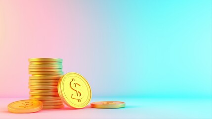 Poster - Stack of Gold Coins on Minimalist Background in Pastel Colors for Financial Concept Illustration