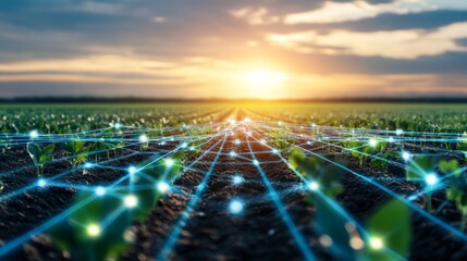 Poster - At sunset, rows of young plants flourish in a vast field, while a digital network overlays the landscape, representing the blend of technology and modern farming for better crop selection.