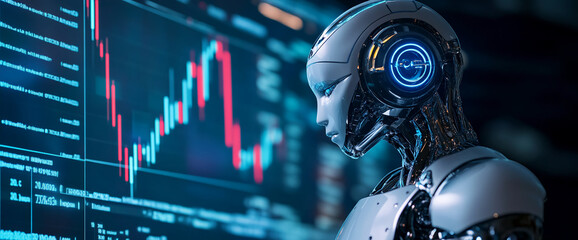 Poster - White robot observing stock market data displayed on a screen, showcasing artificial intelligence in finance, representing technological advancement and future of trading