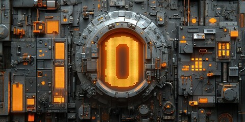 Poster - Digital art featuring a futuristic display with glowing elements set against a mechanical backdrop in a sci-fi style