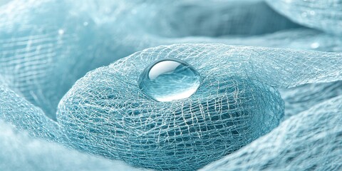 Poster - Close-up view of a water droplet on textured blue fabric in soft natural light