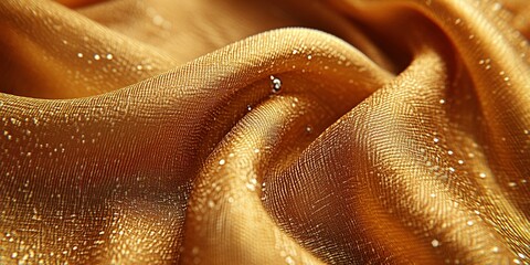 Poster - Shimmering golden fabric with delicate textures and water droplets captured in bright lighting