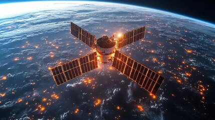 Aufkleber - This visual depicts a sophisticated satellite positioned in low Earth orbit, engaging in data transmission and telemetry operations while observing Earth.