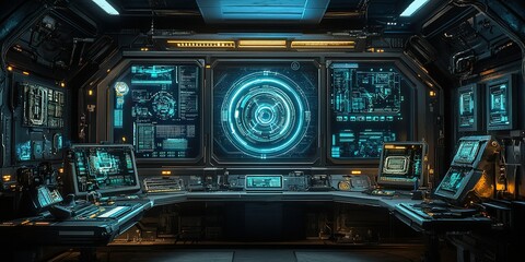 Poster - Futuristic control room with advanced technology and intricate data displays in a sci-fi environment