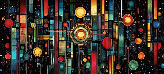 Poster - Colorful abstract composition depicting vibrant circles and lines creating a cosmic atmosphere in a digital art style