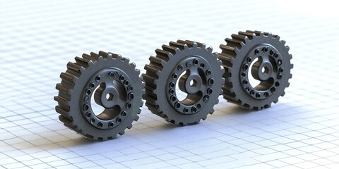 Poster - Three metallic gears arranged in a row on a grid background, showcasing precision engineering and design