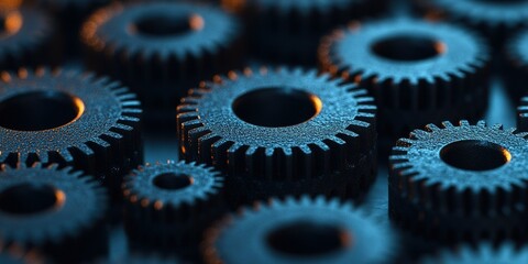 Poster - Intricate arrangement of black gears illuminated by soft light in a close-up view