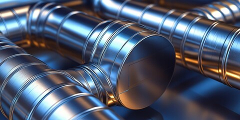 Poster - Close-up of shiny metallic pipes and fittings arranged in a complex layout under soft lighting in a workshop environment