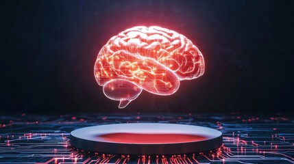 Poster - Glowing AI Brain Concept Hovering Above Technological Circuit Background
