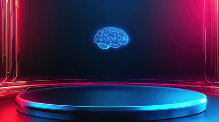 Poster - Glowing AI Brain Concept in Futuristic Technology Setting Above Neon Surface