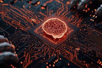 Poster - Abstract Technology Concept of Circuit Board with Neural Brain in Orange Glow on Dark Background