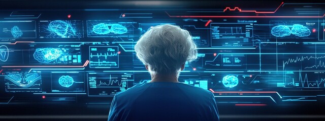 Poster - senior person analyzing advanced digital brain interface technology