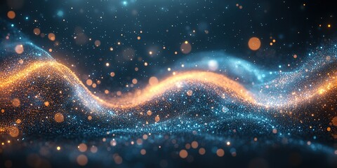 Poster - Abstract digital art of glowing particle waves in blue and orange against a dark background in a futuristic style