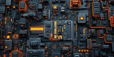 Poster - Futuristic technology shows glowing orange circuitry and intricate electronic components, depicting advanced technology