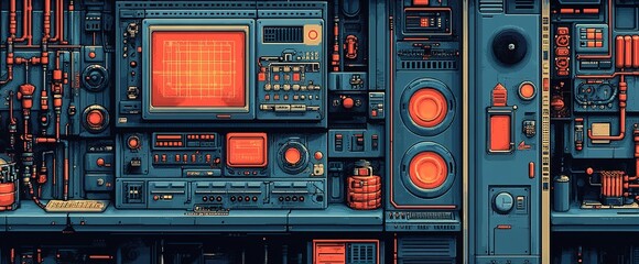 Poster - Complex control panel with glowing screens, buttons, and various instruments