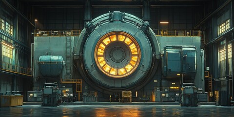 Poster - Large industrial machine with glowing center sits inside of a factory building