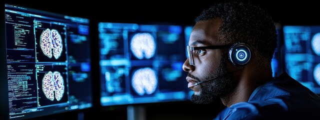 Poster - focused professional analyzing data on multiple monitors in dark room