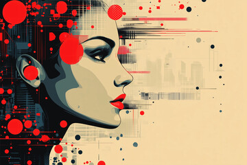 Poster - Digital Woman Portrait: A striking digital art portrait of a woman, rendered in a bold and graphic style, with vibrant red accents and a modern aesthetic.
