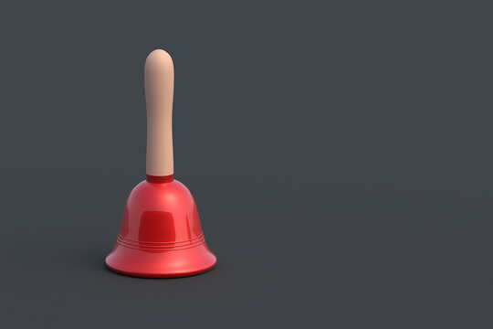 Red christmas bell with handle on black background. School handbell. Festive Accessories. Copy space. 3d rendering
