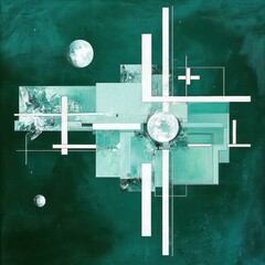 Poster - Abstract composition featuring geometric shapes and celestial bodies in teal hues