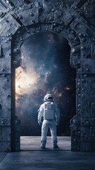 Wall Mural - an astronaut stands before a celestial view through a portal frame