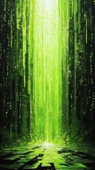 Poster - Glowing green light emanates from abstract textured vertical structures