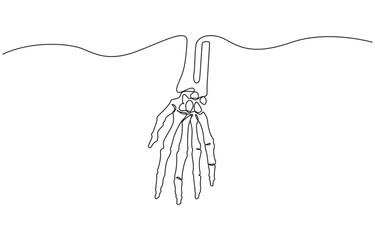 Aufkleber - Continuous line drawing of hand skeleton, Black and white vector minimalist illustration, Continuous one line drawing bones of human hand. Wrist bones in single line art vector.