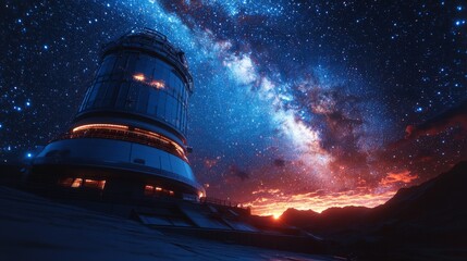 Poster - An advanced satellite telescope stands tall under a star-filled sky, capturing telemetry and transmission data of cosmic radiation and astrological wonders at twilight.