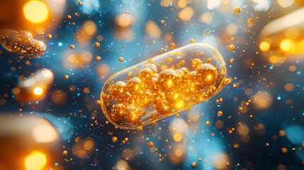 Poster - artistic capsule with golden nanoparticles floating in vibrant background