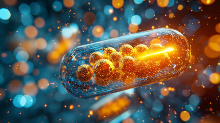 Poster - brilliant gold nanoparticles encapsulated in transparent capsule, glowing