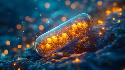 Poster - captivating glowing capsule with gold nanoparticles and sparkling background