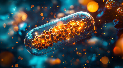Poster - captivating gold nanoparticles in glowing capsule, showcasing vibrant colors