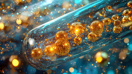 Poster - bright gold nanoparticles suspended in clear capsule, creating stunning visual effect
