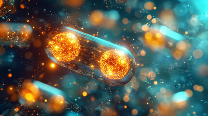 Poster - glowing gold nanoparticles in vibrant, abstract background create captivating scene