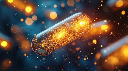 Poster - elegant gold nanoparticles capsule highlighted by bright glowing particles
