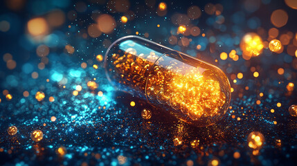 Poster - glowing capsule filled with golden nanoparticles on sparkling background