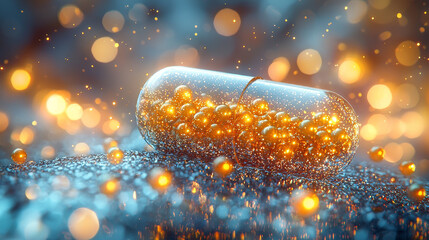 Poster - transparent capsule filled with glowing gold nanoparticles, shimmering in vibrant background