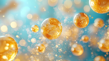 Poster - radiant yellow spheres floating in dreamy blue background, creating magical atmosphere