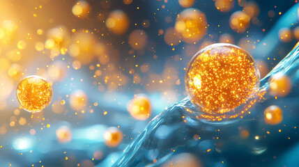 Poster - radiant yellow spheres with sparkling particles in fluid environment