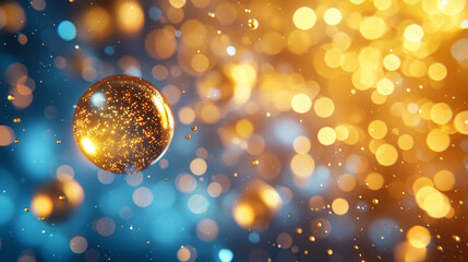 Poster - Shimmering golden bubbles float amidst vibrant blue background, creating magical atmosphere