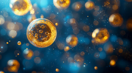 Poster - golden nanoparticles floating in blue background, creating vibrant scene