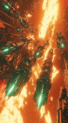 Poster - Multiple futuristic spaceships traveling through a fiery cosmic environment