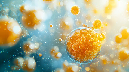 Poster - dynamic yellow spheres representing nanoparticles in vibrant background