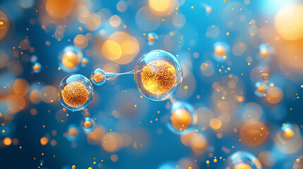 Poster - gold nanoparticles in capsules with vibrant yellow spheres and blue background