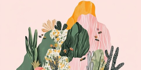 Poster - Colorful depiction of a whimsical landscape with plants and insects