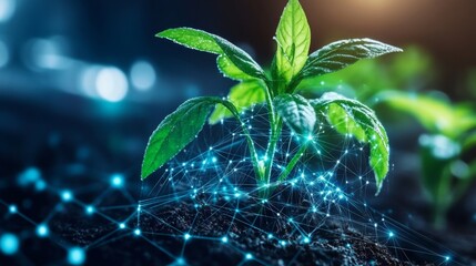 Poster - Innovative practices in agriculture combine technology and nature. A young plant thrives while surrounded by a network of digital connections, emphasizing the blend of modernity and crop selection.